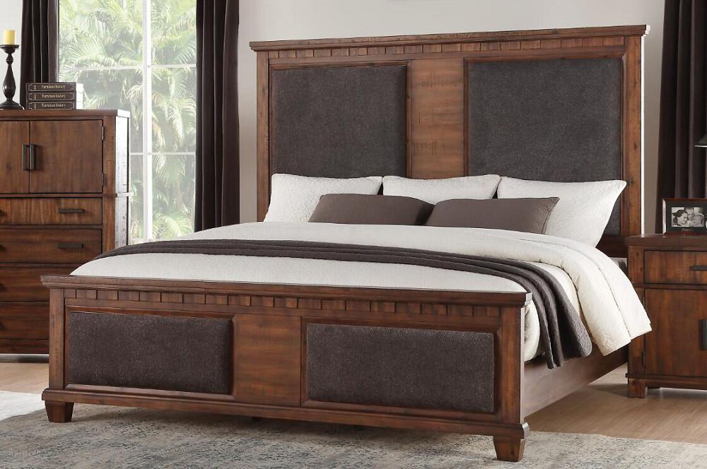 Vibia Queen Bed in Brown Fabric | Cherry Oak