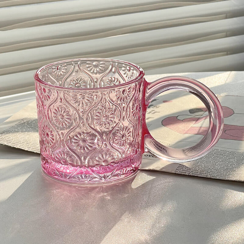 Vintage Begonia Flowers Embossed Glass Cup