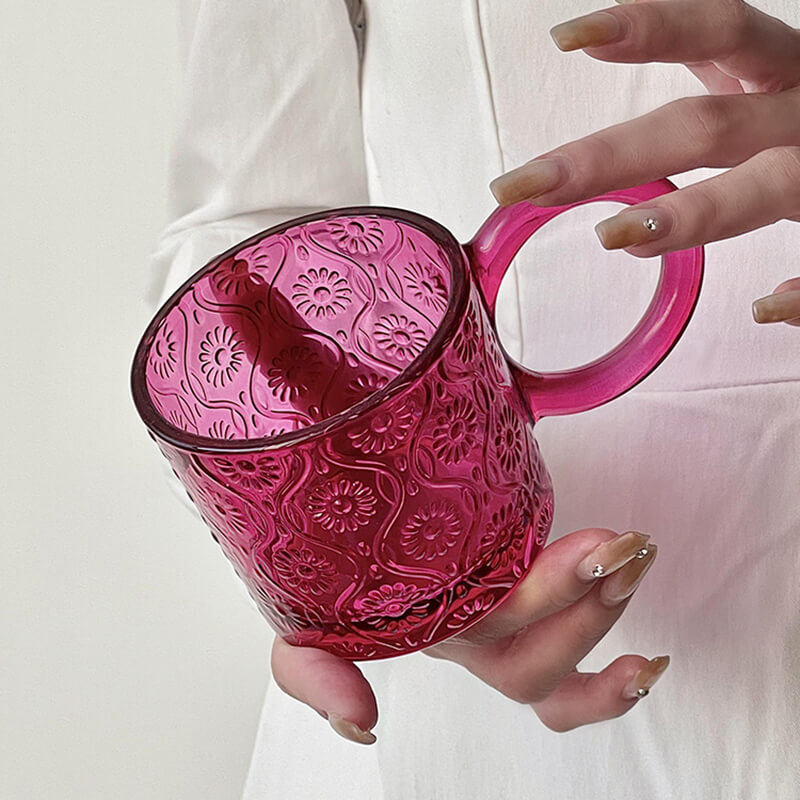 Vintage Begonia Flowers Embossed Glass Cup