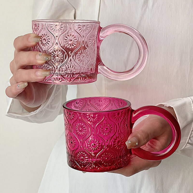 Vintage Begonia Flowers Embossed Glass Cup