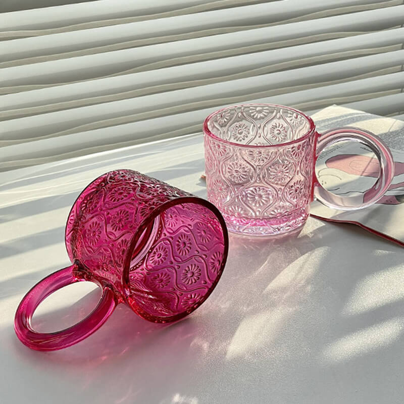 Vintage Begonia Flowers Embossed Glass Cup