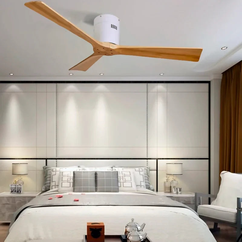 Modern Flush-Mounted Ceiling Fan with 3 Wooden Blades | 52''