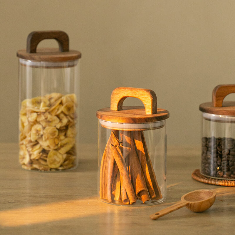 Wooden Handle Glass Storage Jar