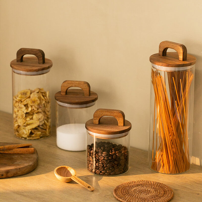 Wooden Handle Glass Storage Jar