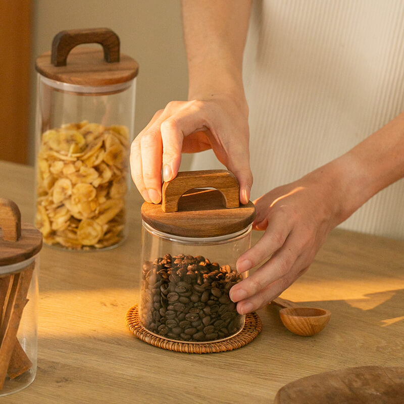 Wooden Handle Glass Storage Jar