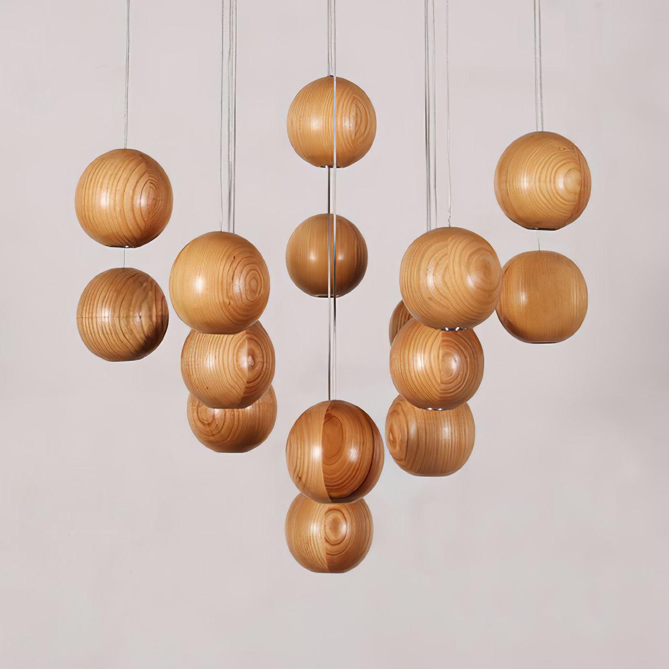 Wooden Orb Sphere Cluster Pendant Light