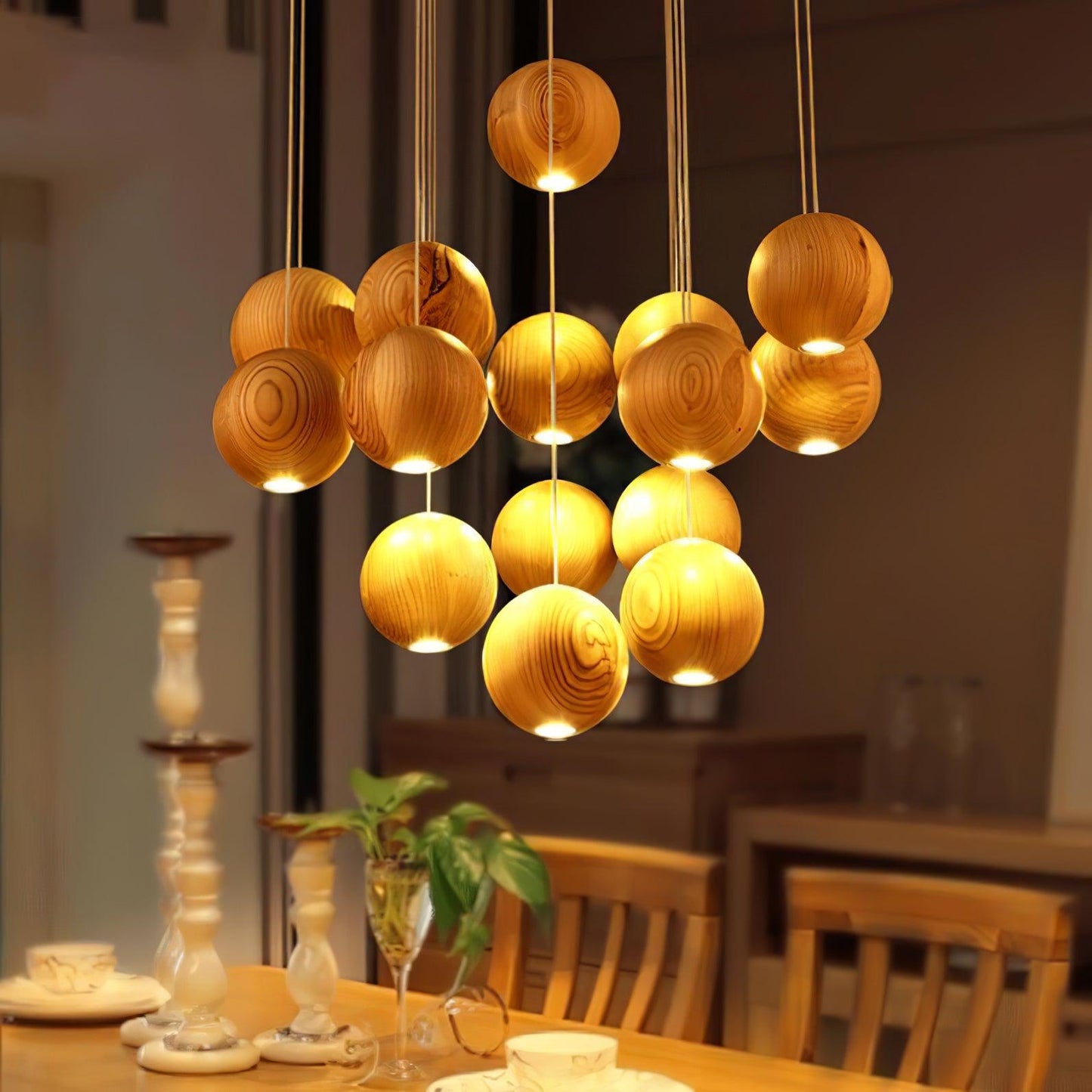 Wooden Orb Sphere Cluster Pendant Light