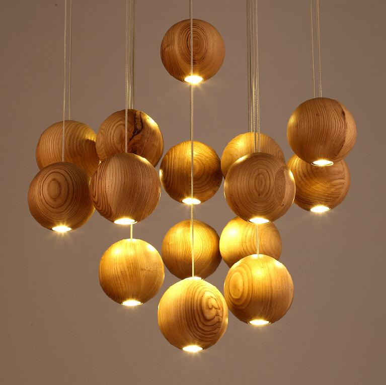 Wooden Orb Sphere Cluster Pendant Light