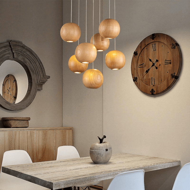 Wooden Orb Sphere Cluster Pendant Light