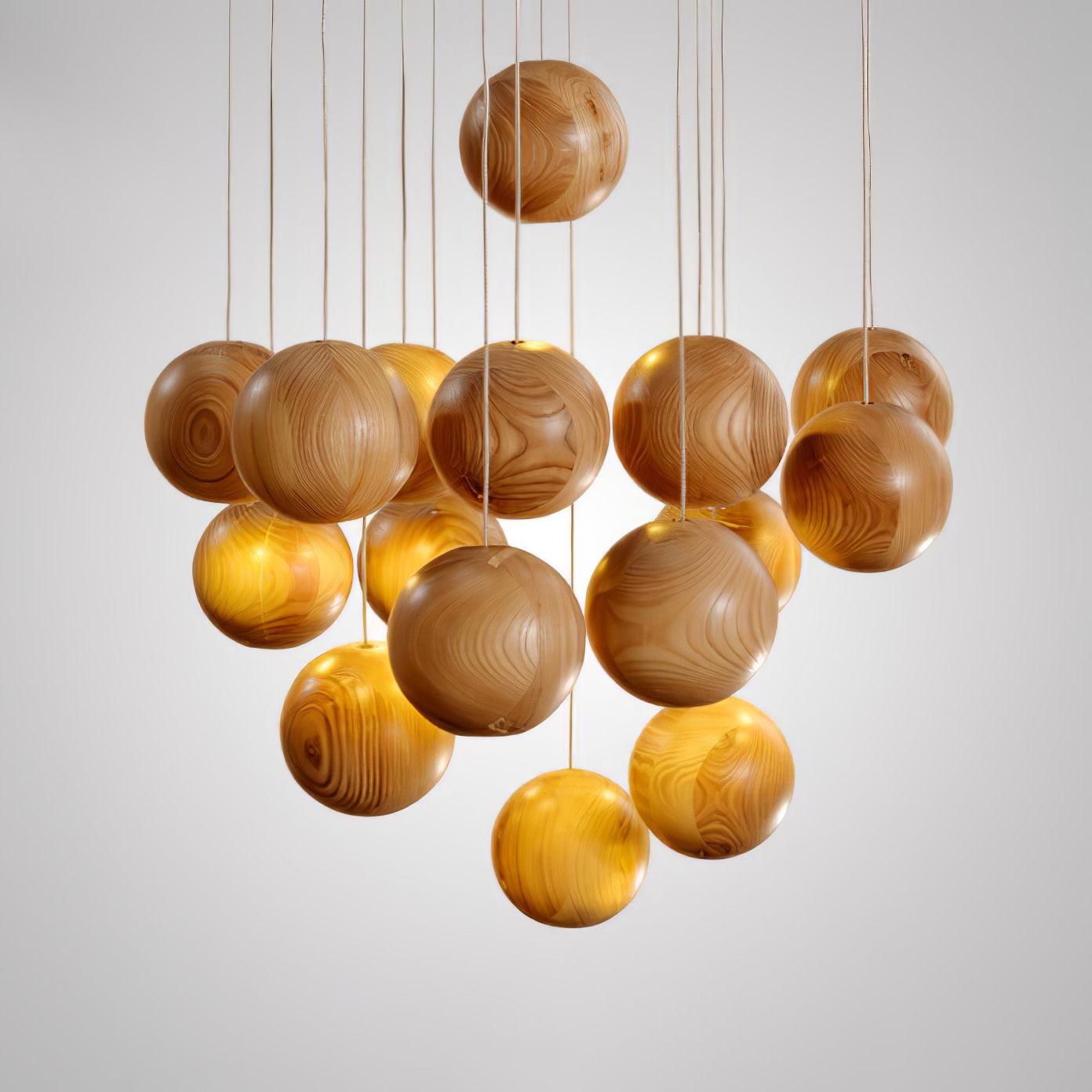 Wooden Orb Sphere Cluster Pendant Light