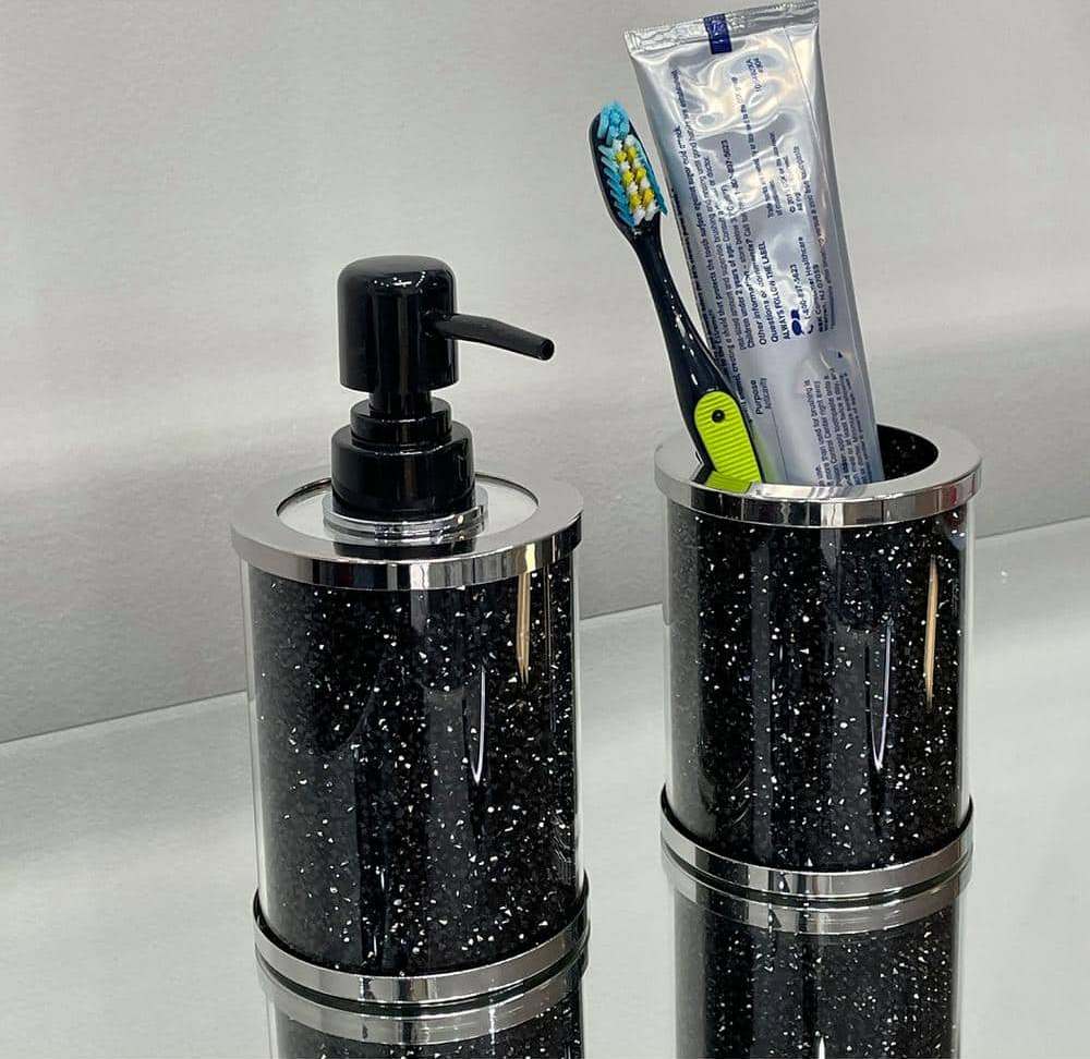 Black Crushed Diamond Soap Dispenser and Toothbrush Holder with Tray