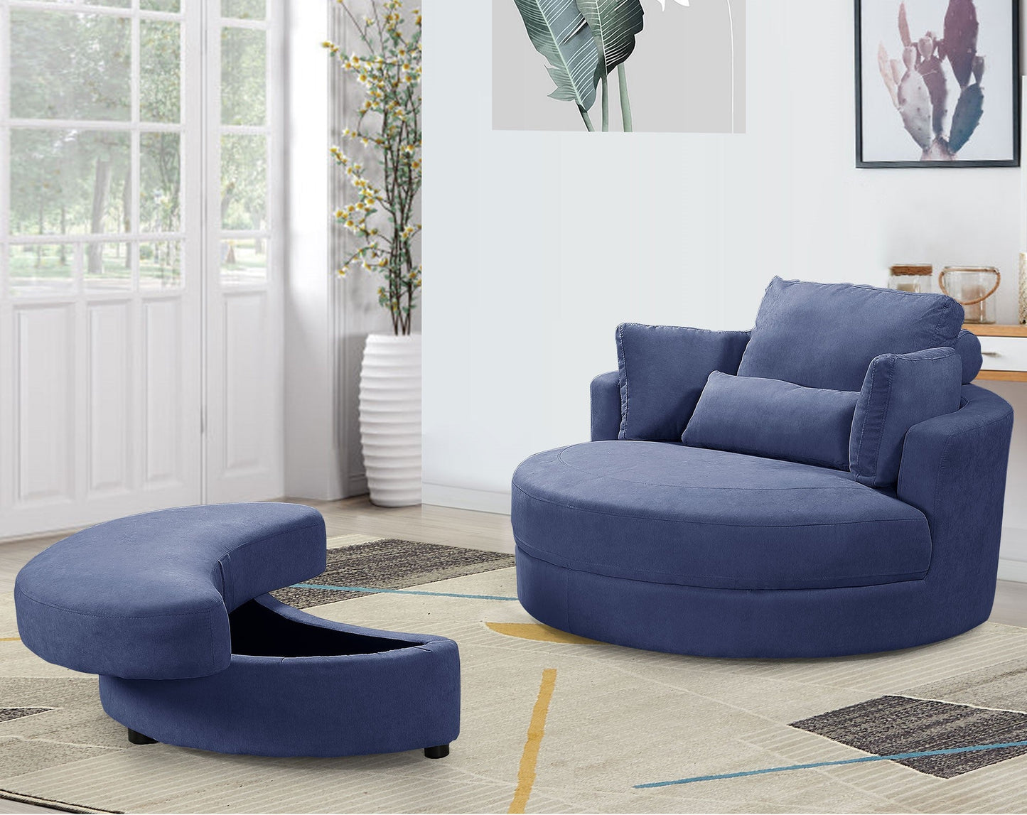 Modern Grey Sofa with a Storage and a Big Round Linen Fabric Chair for Lounge