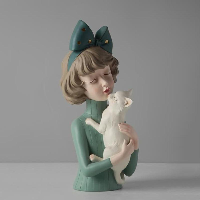 Cat Girl with Cat Statue