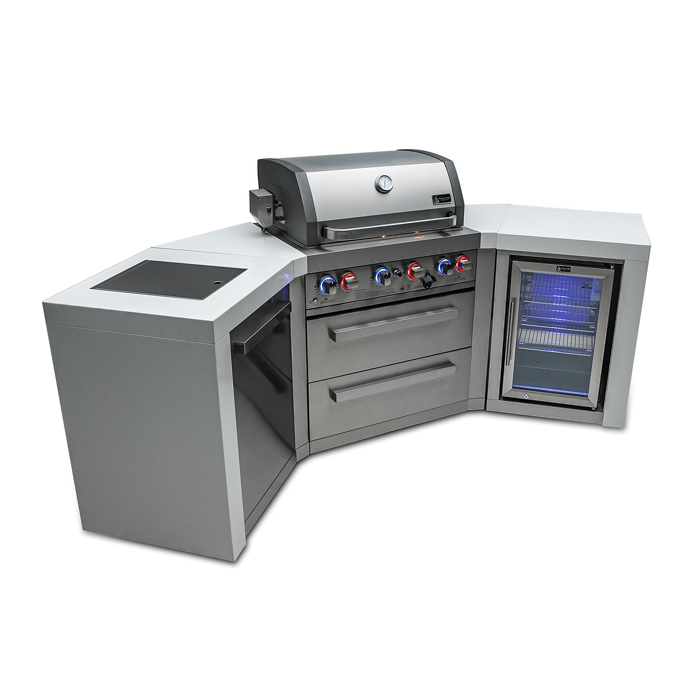 Mont Alpi 400 Deluxe BBQ Grill Island with 45 Degree Corners & Fridge Cabinet - MAi400-D45FC