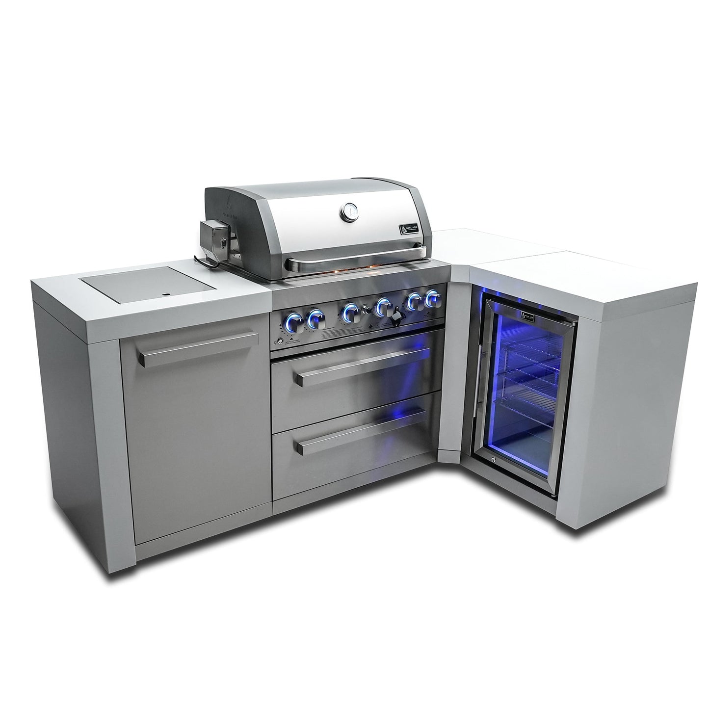 Mont Alpi 400 Deluxe BBQ Grill Island with 90 Degree Corner & Fridge Cabinet - MAi400-D90FC