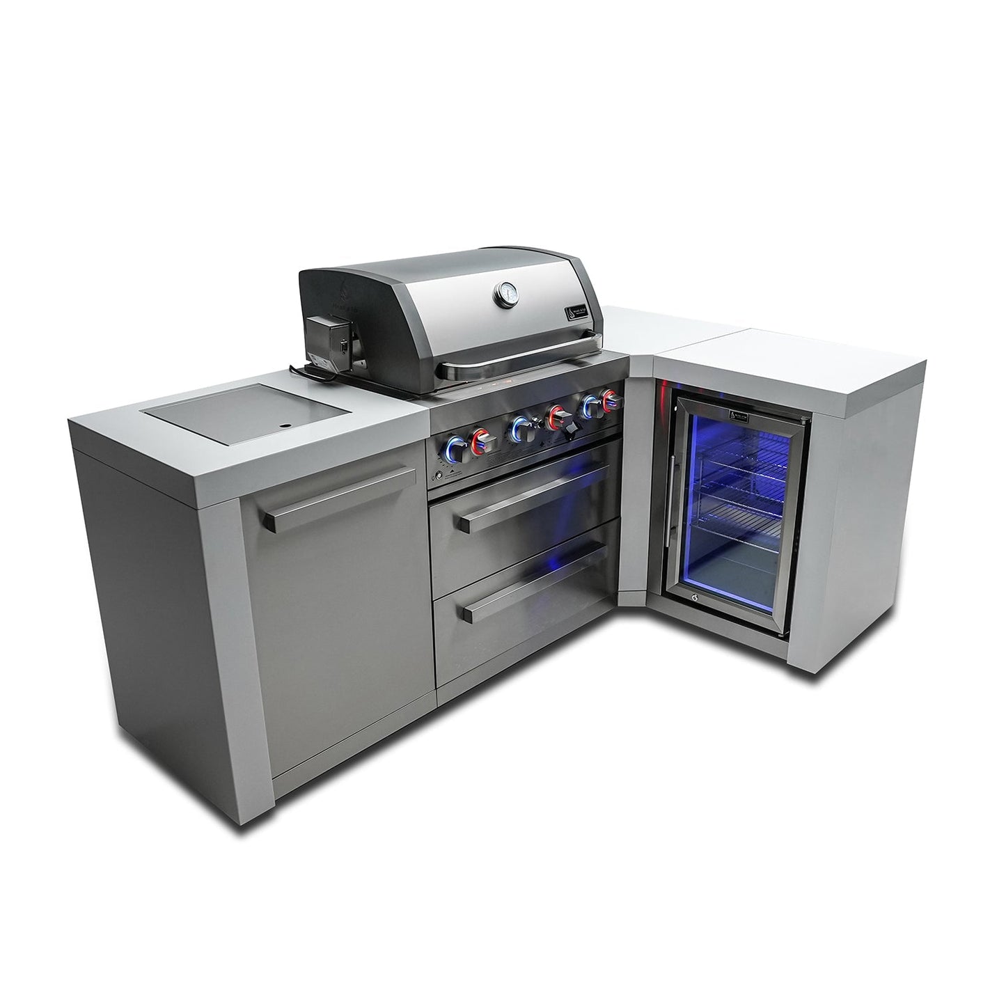 Mont Alpi 400 Deluxe BBQ Grill Island with 90 Degree Corner & Fridge Cabinet - MAi400-D90FC