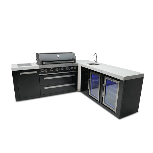 Mont Alpi 805 Black Stainless Steel BBQ Grill Island with 90 Degree Corner, Beverage Center & Fridge Cabinet - MAi805-BSS90BEVFC