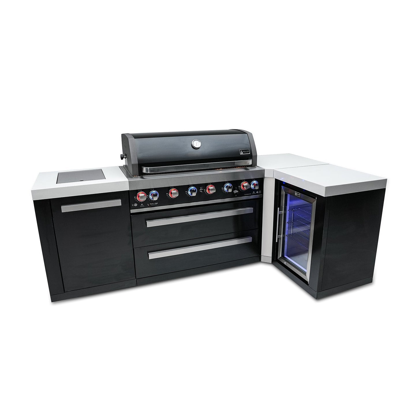 Mont Alpi 805 Black Stainless Steel BBQ Grill Island with 90 Degree Corner & Fridge Cabinet - MAi805-BSS90FC