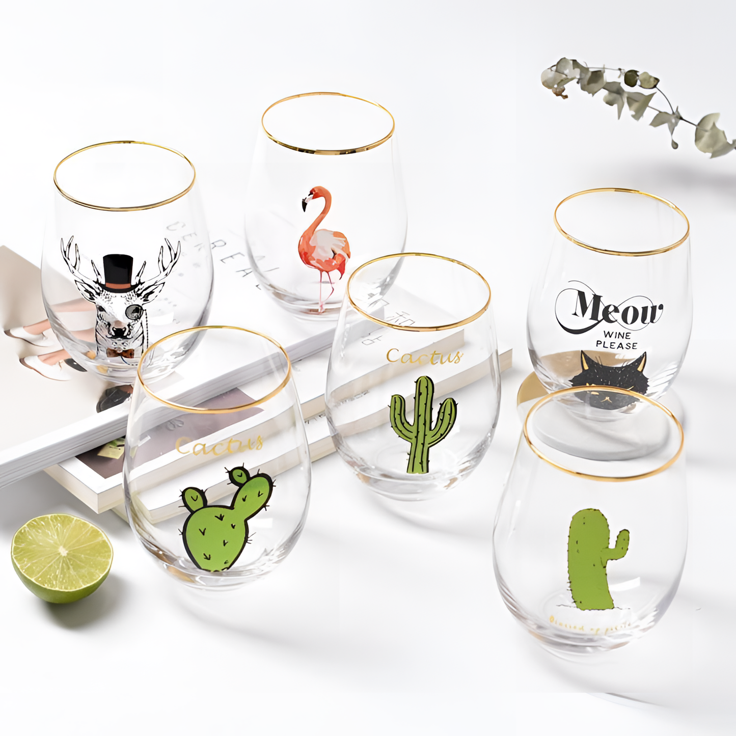 2Pcs/Lot Flamingo Cactus Cat Glass Set | Glassware | NordicAbode.com