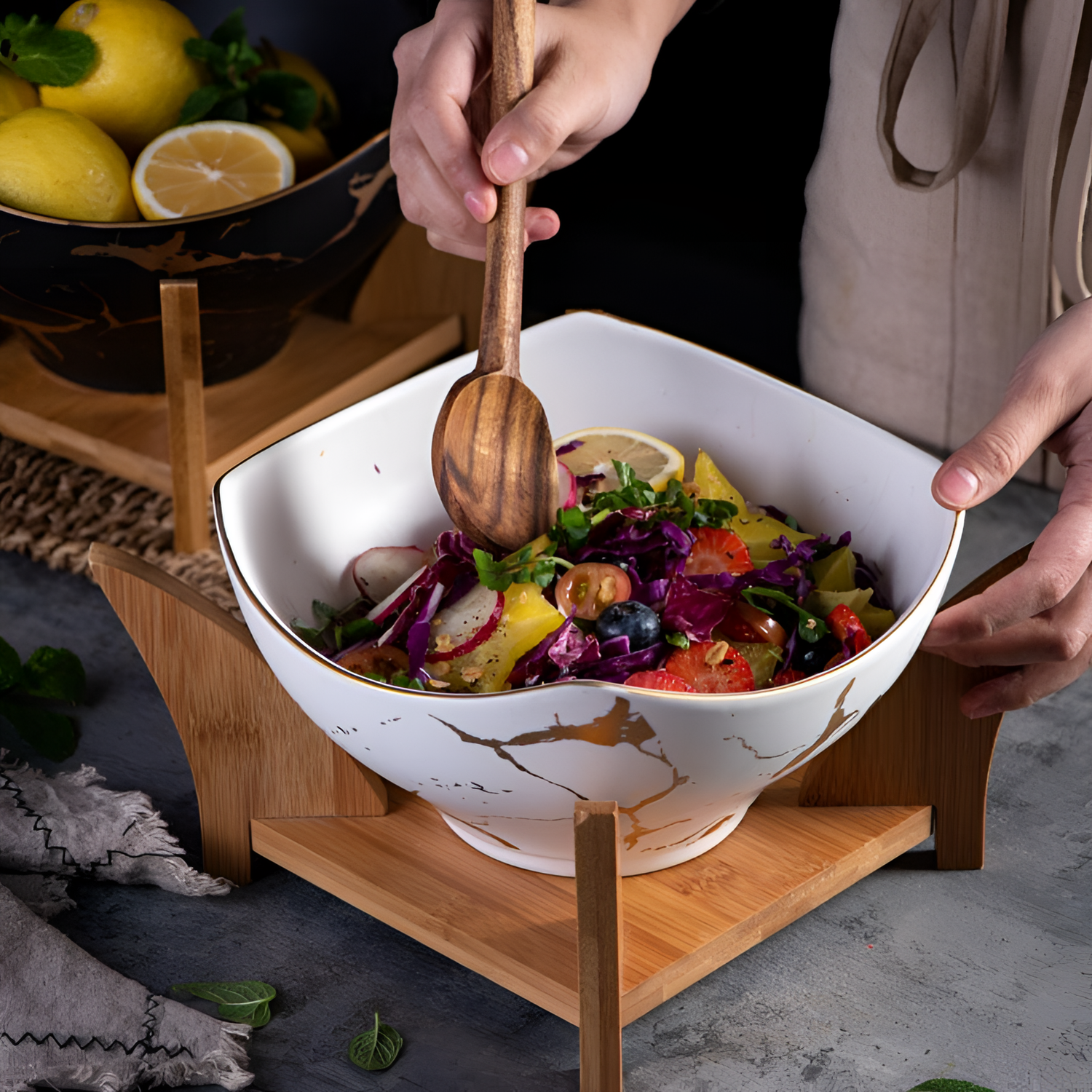 European Salad Bowls - Wooden Base Included | Dining | NordicAbode.com