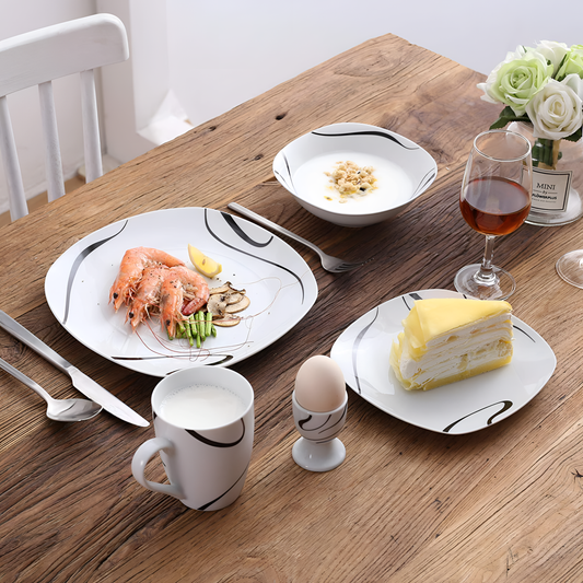 Kayla 20-Piece Porcelain Dinner Set - Black Lines | Dinnerware | NordicAbode.com