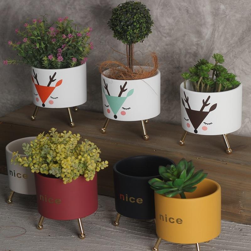 Jolie - Decorative Iron Frame Ceramic Flower Plant Pot - Nordic Side - 02-09, modern-pieces