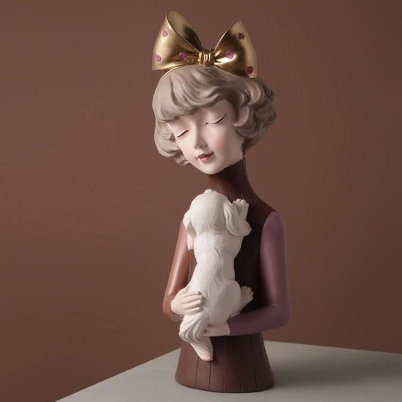 Cat Girl with Cat Statue