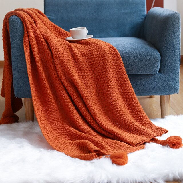 Waffle Colour Tassel Throw Blanket