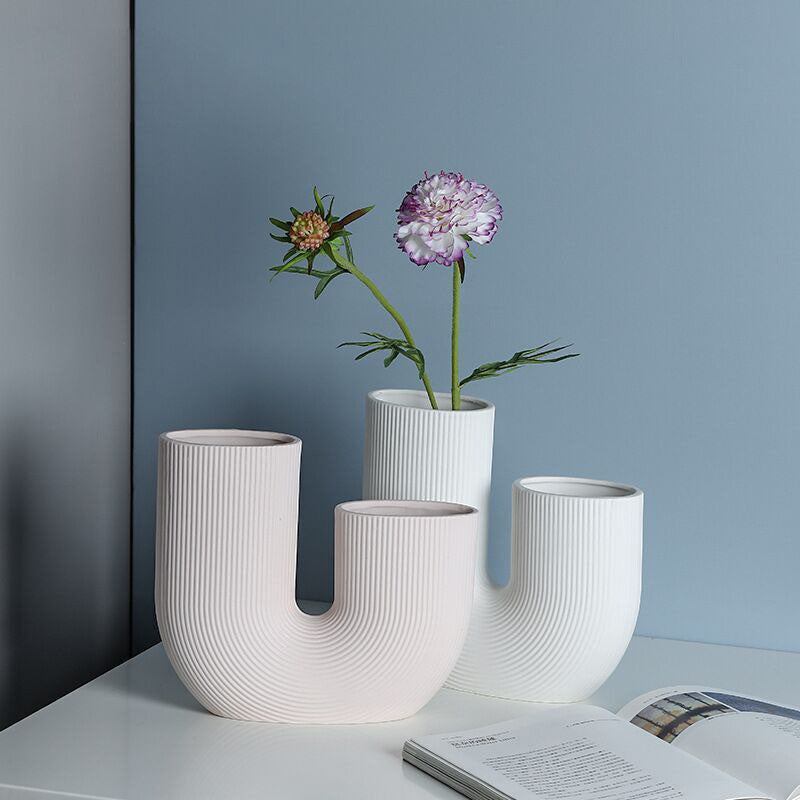 U-shaped ribbed ceramic vases