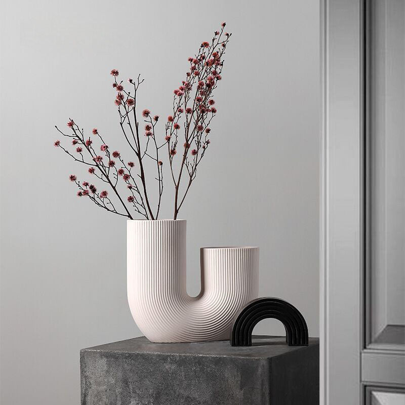 U-shaped ribbed ceramic vases