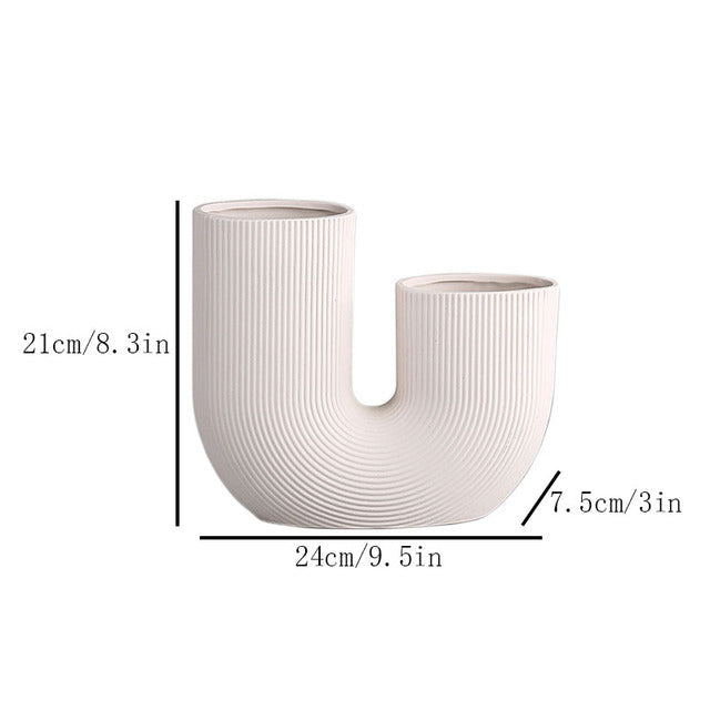 U-shaped ribbed ceramic vases