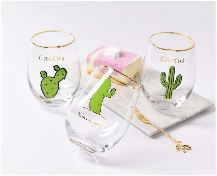 2pcs/lot Creative Flamingo Cactus Cat Printed Glod Glass Cup Crystal Water Wine Beer Drinking Glass - Nordic Side - 