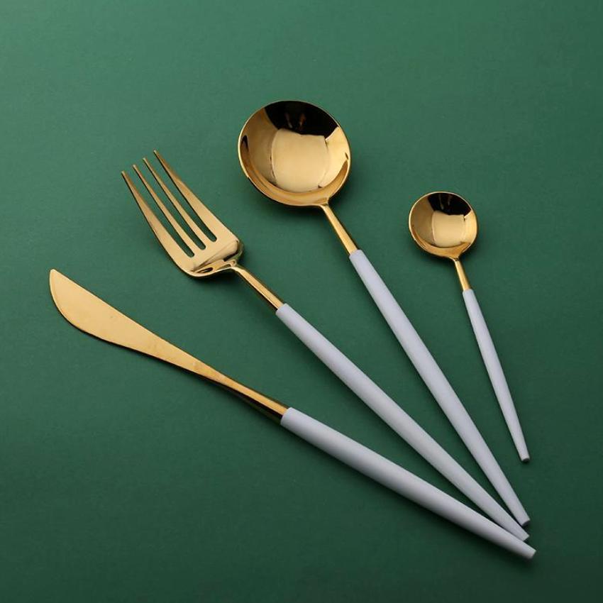 4 Pcs Mirror Surface White & Gold Cutlery Set - Nordic Side - 