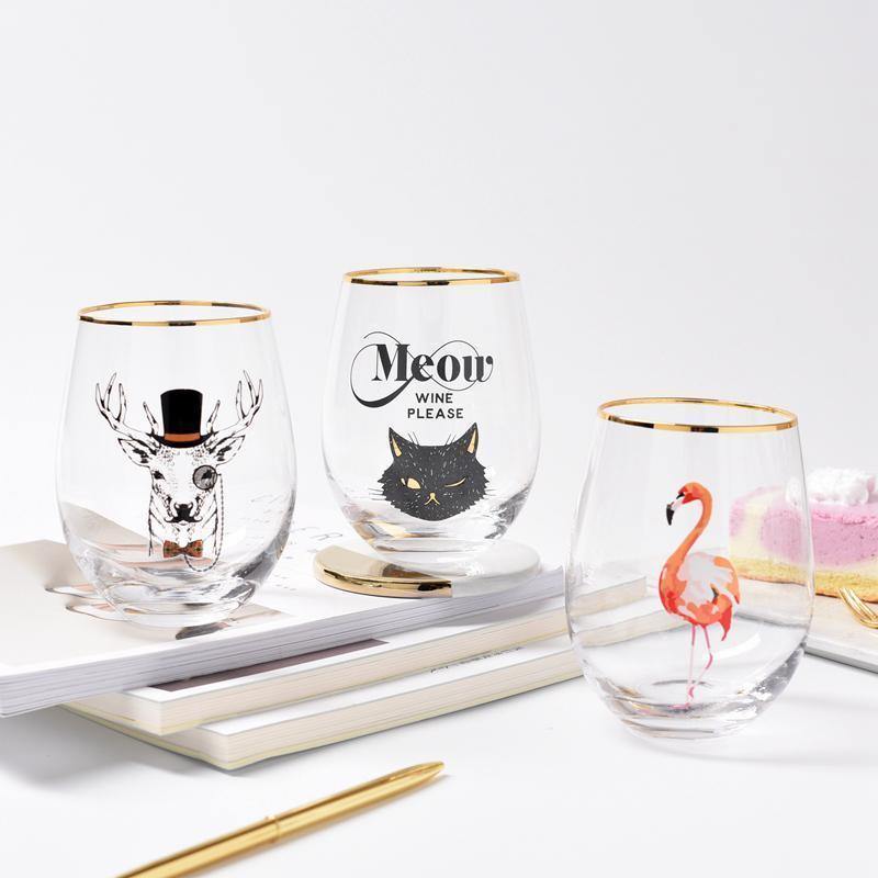 2pcs/lot Creative Flamingo Cactus Cat Printed Glod Glass Cup Crystal Water Wine Beer Drinking Glass - Nordic Side - 