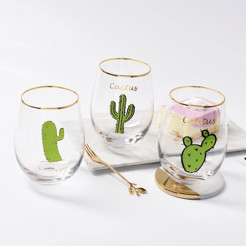 2pcs/lot Creative Flamingo Cactus Cat Printed Glod Glass Cup Crystal Water Wine Beer Drinking Glass - Nordic Side - 