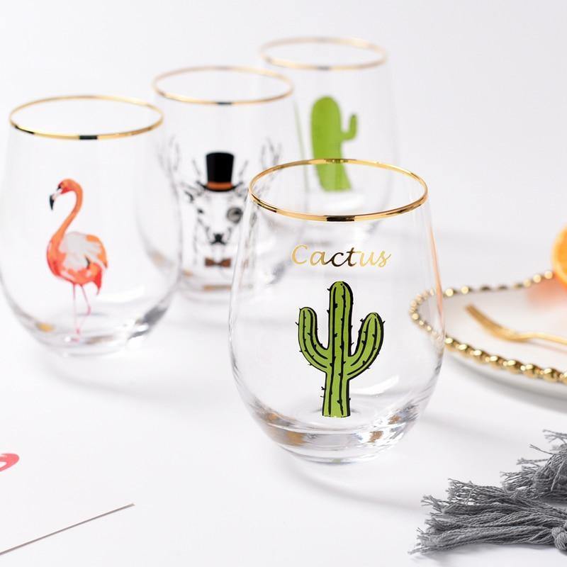 2pcs/lot Creative Flamingo Cactus Cat Printed Glod Glass Cup Crystal Water Wine Beer Drinking Glass - Nordic Side - 