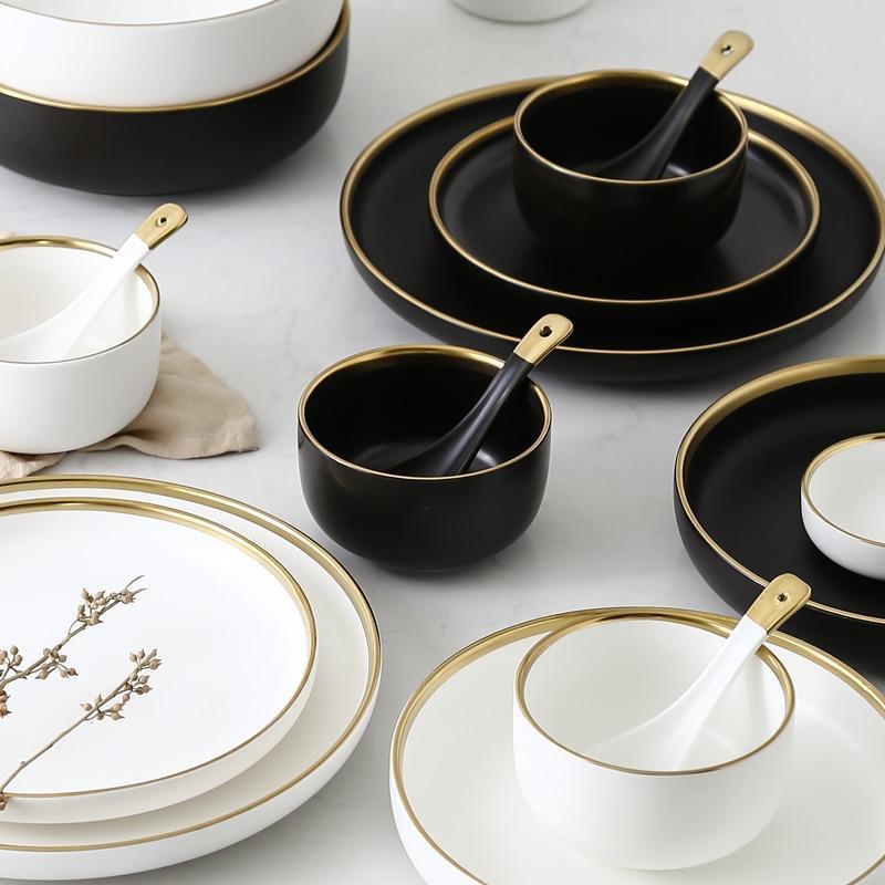 Black & White Ceramic Dinnerware with Gold Rim - Nordic Side - 